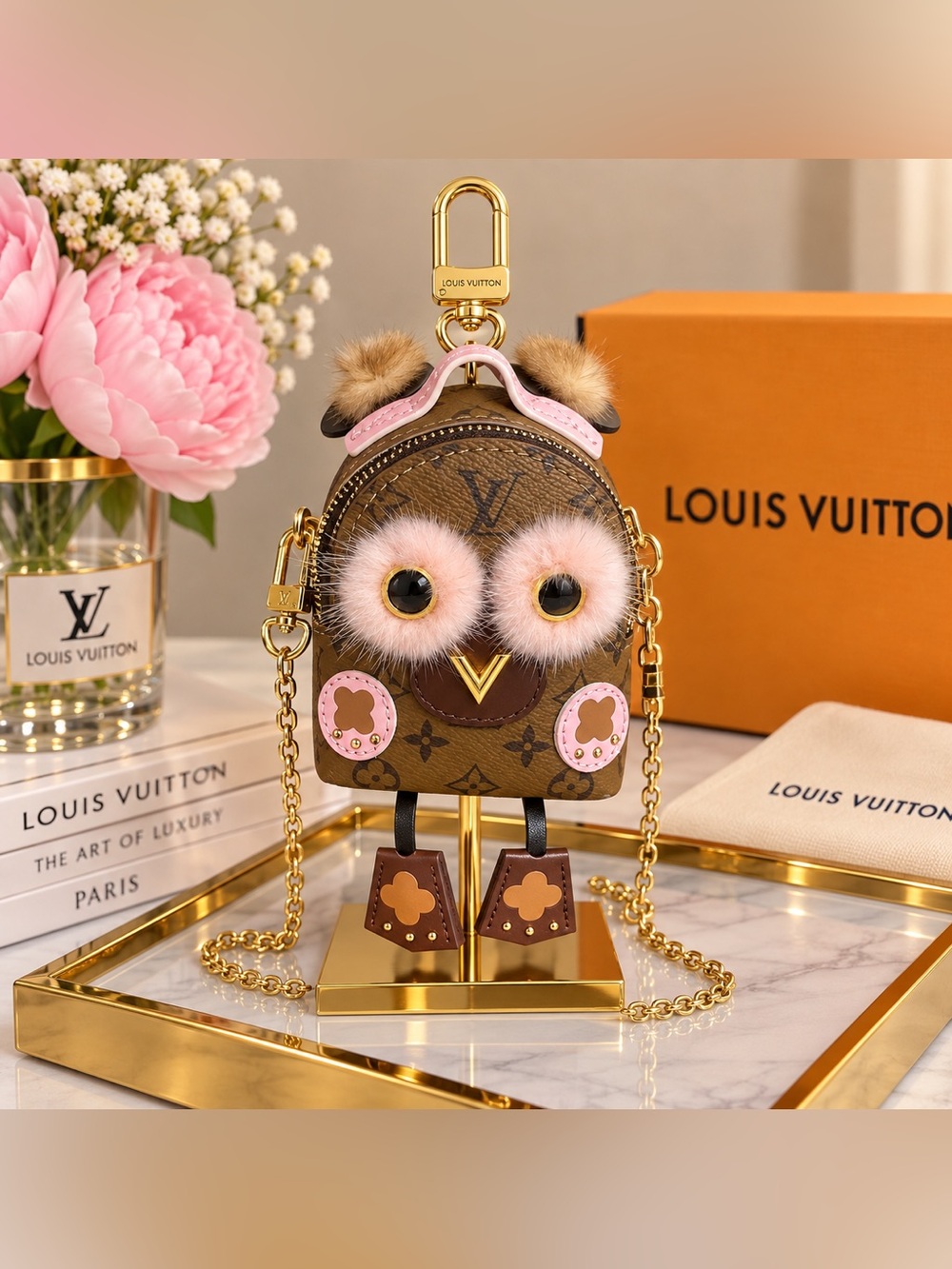 Owl Mini Crossbody Bag - Brown with Pink Accents